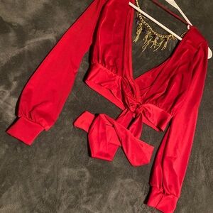 Chic Red Tie-Front Blouse with added cute necklaces.